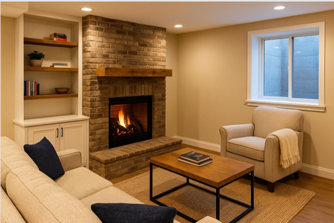 Cozy basement with brick fireplace